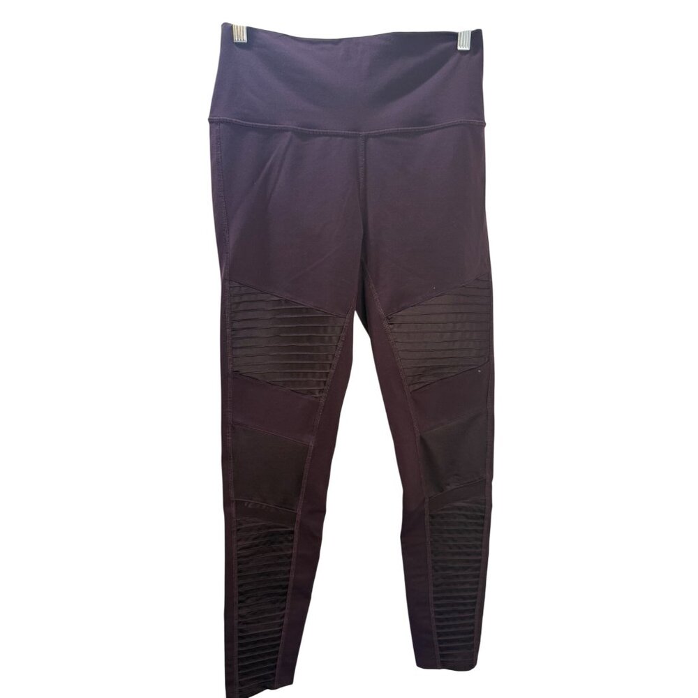 Alo yoga High-Waist Moto‎ Leggings L Plum Ribbed Mesh Panels Womens Activewear